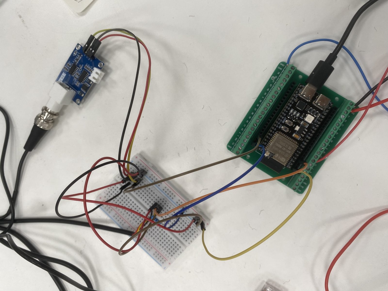 ESP32-S3 connected to the EC sensor board on a breadboard